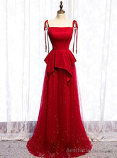 Red Tulle Spagehtti Straps Sequins Long Prom Dress